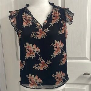 Cece Lava Flower on Black Flutter Sleeve Blouse Chiffon Lined Ruffles Size XS